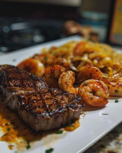 GARLIC SHRIMP AND RIBEYE STEAK WITH ONION STRINGS